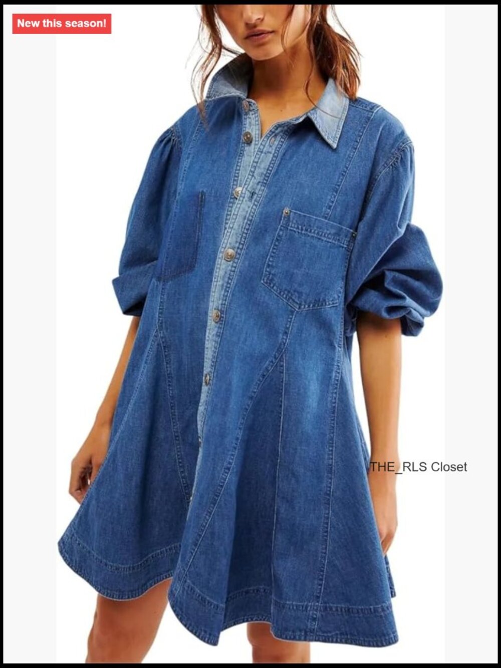 Long Sleeve Button Down Denim Dress A Line Swing Ruffle Midi with Pockets - Picture 1 of 5